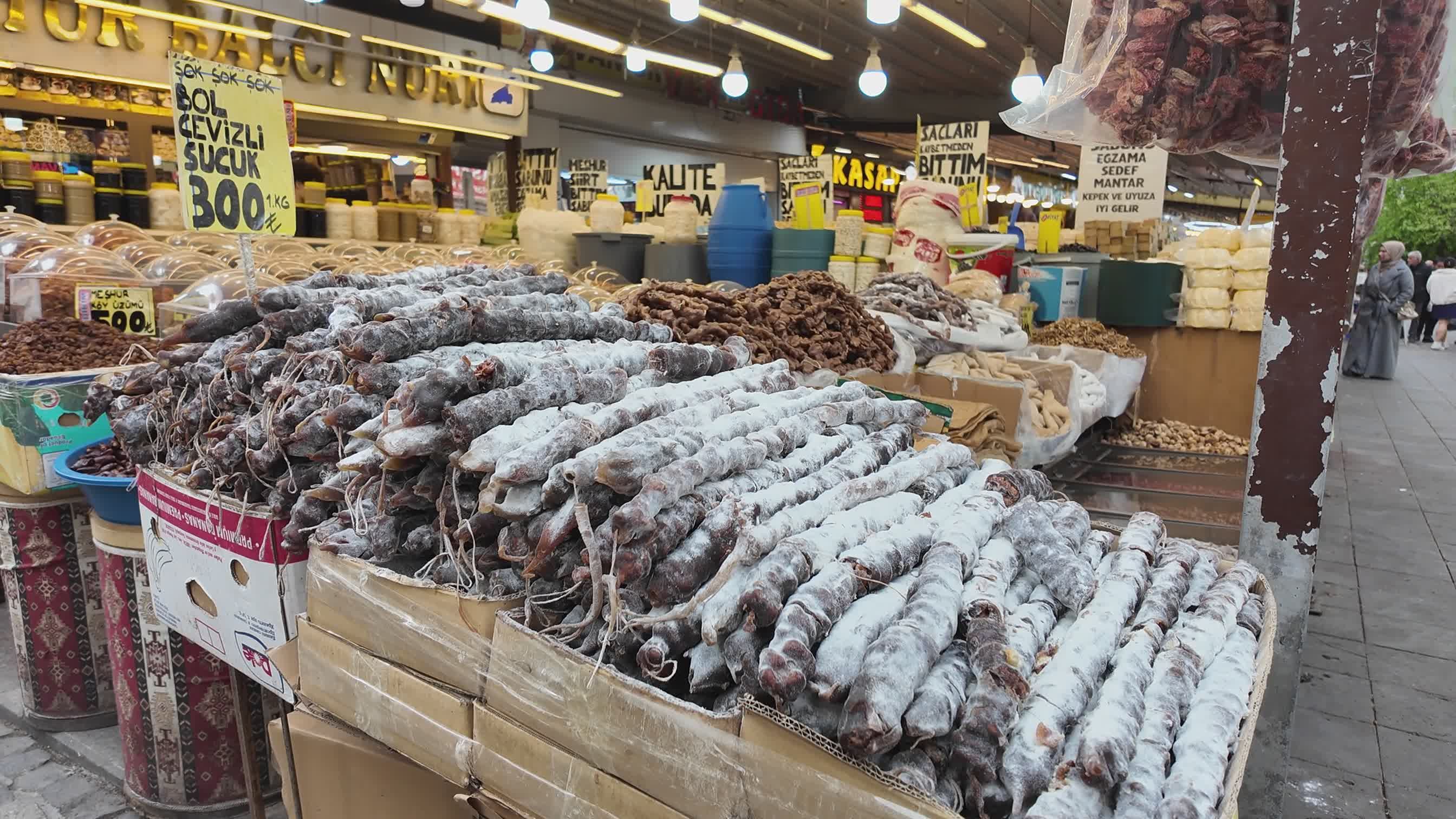 Traditional Turkish Market with Decorated Sausages Free Stock Video ...