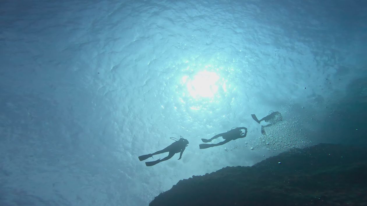 Scuba Divers Exploring Deep Blue Ocean Depths Free Stock Video Footage ...