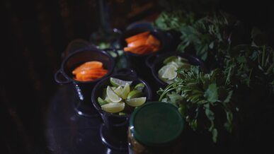 assorted vegetables and herbs in dark setting