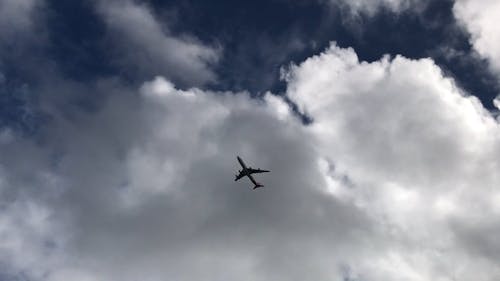 青く曇った空の下を飛ぶ飛行機