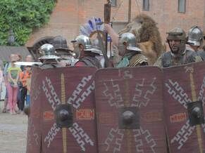 roman legion reenactment with shields and armor