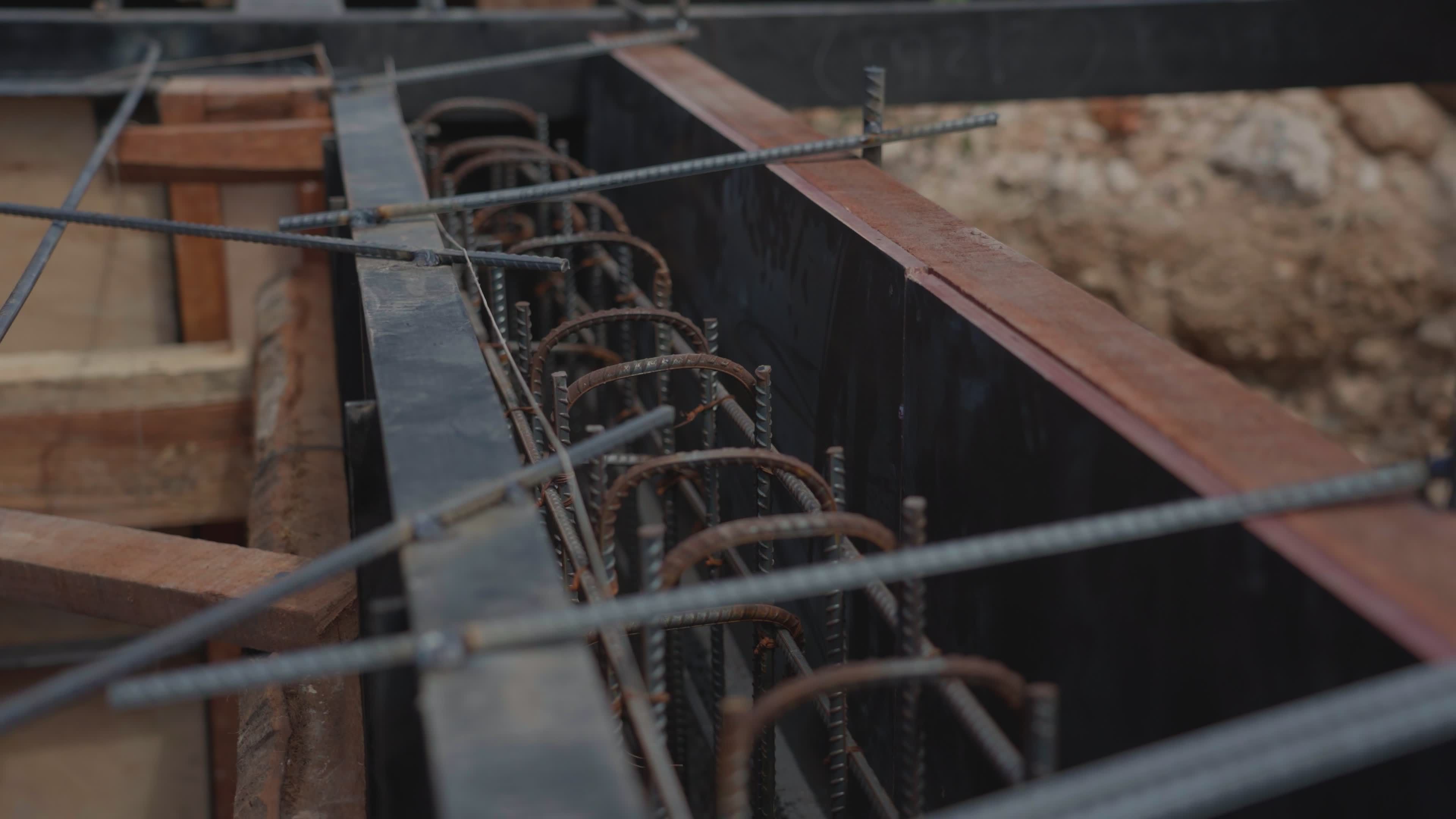 Close-Up of Reinforced Steel Bars at Construction Site Free Stock Video ...