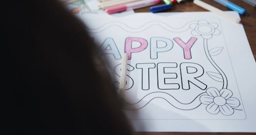 A Girl Coloring A Happy Easter Poster