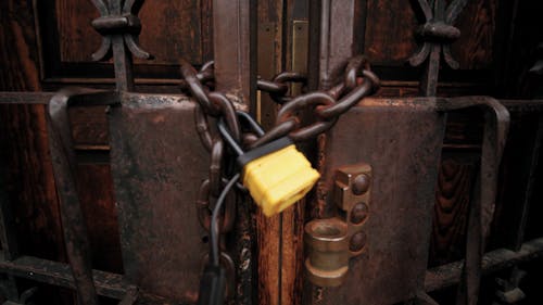A Closed Gate with a Chain and a Padlock