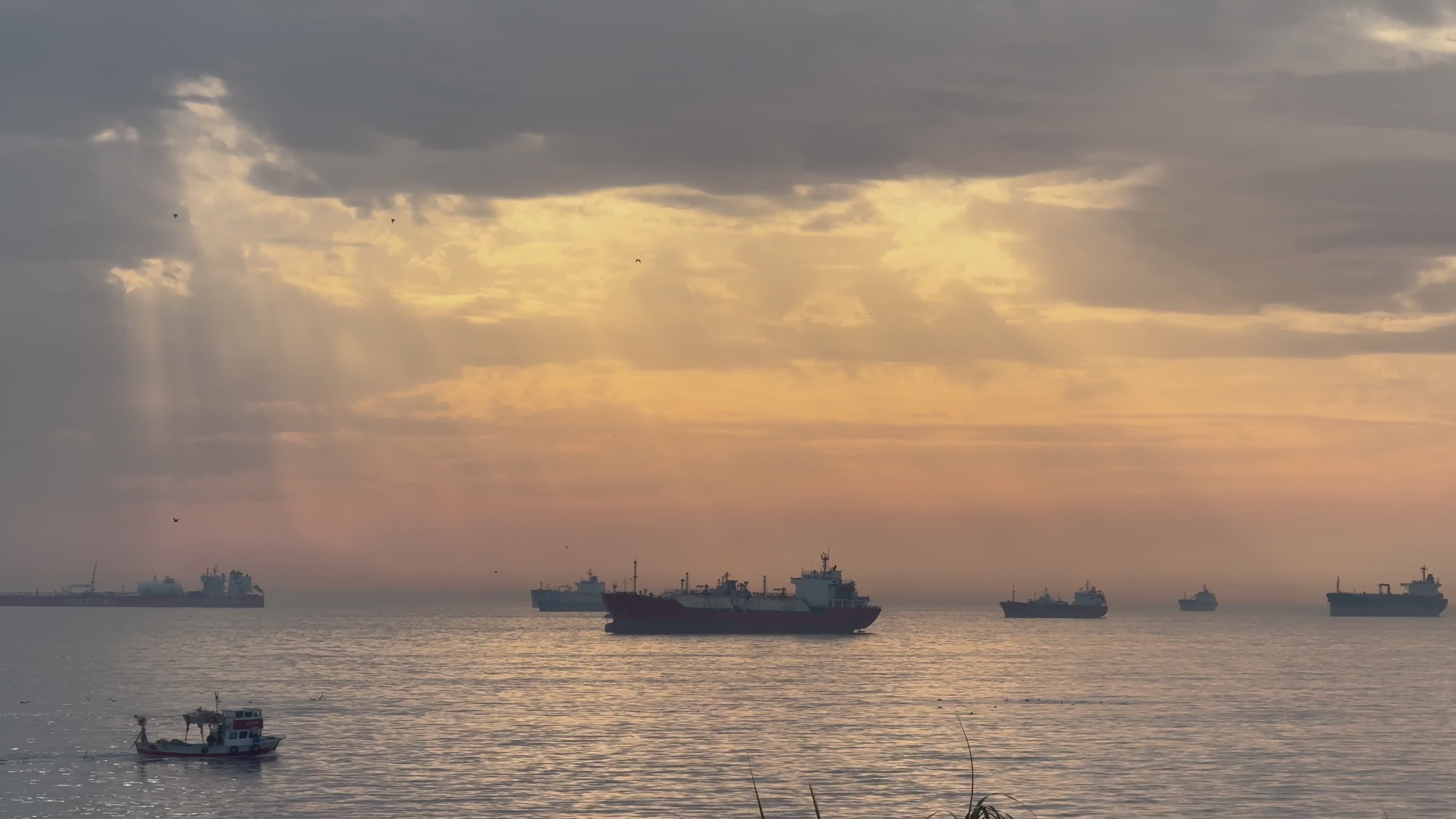 Serene Sunset with Ships on Calm Ocean Waters Free Stock Video Footage ...
