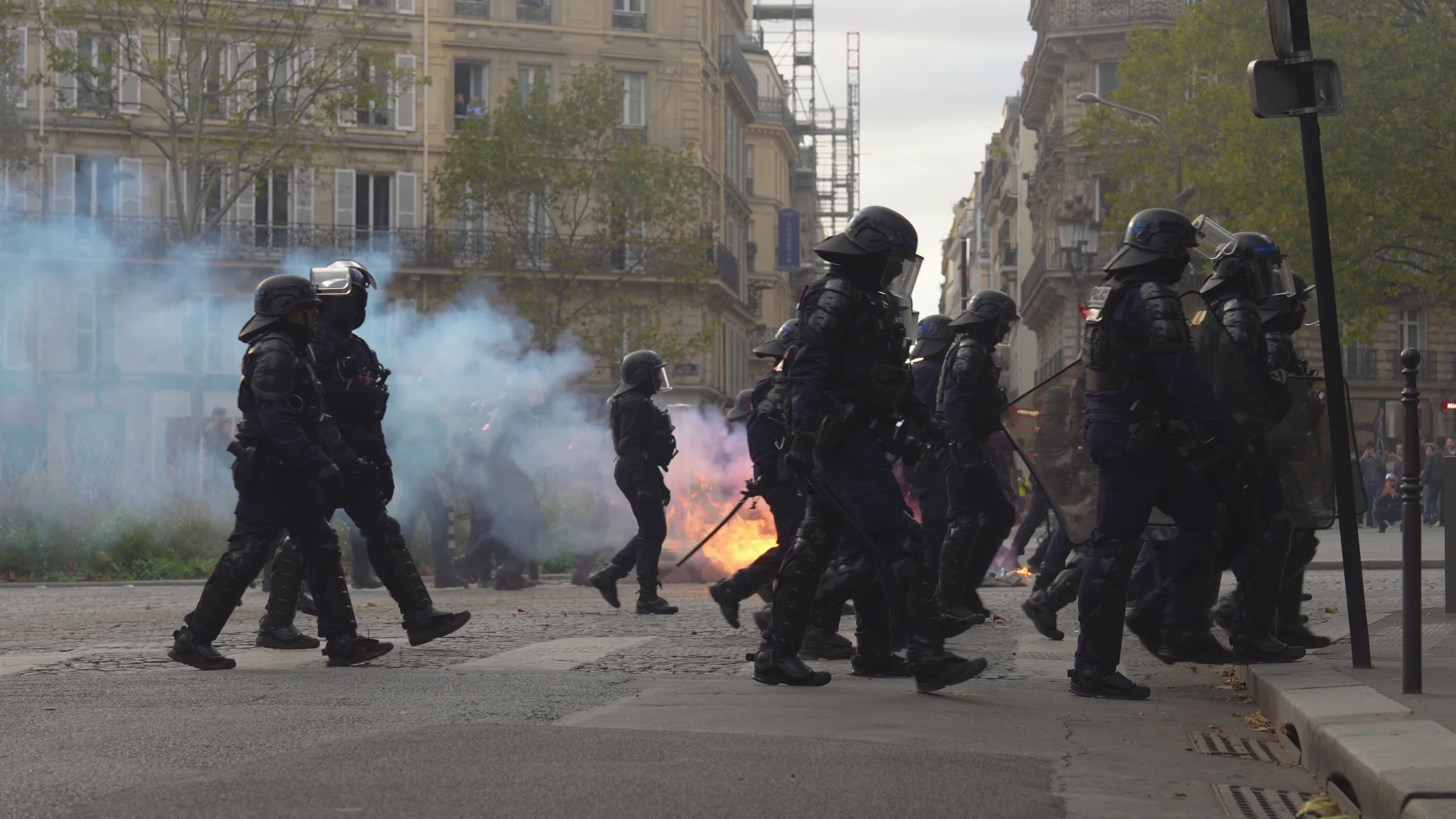 Tense Paris Street Protest with Police and Smoke Free Stock Video ...