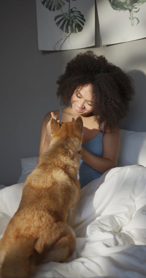 A Woman Early Playful Moments With Her Dog In Bed