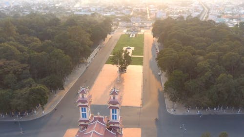 Drone In Footage Of A Temple Fronting A Park