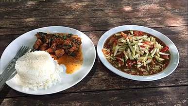 a rice meal with side salad dish seved in ceramic plate