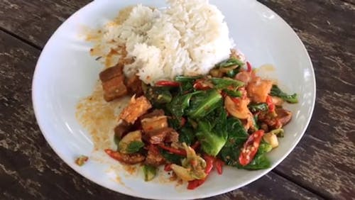 Zoom In Video Of A Rice And Mix Vegetable With Pork Dish