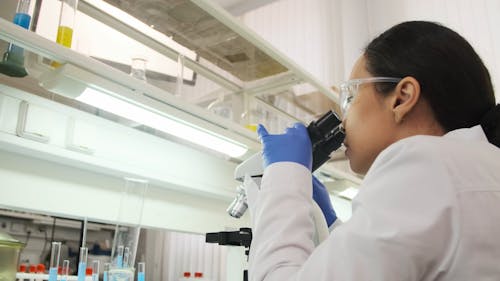 A Woman in the Laboratory Looking Through a Microscope 