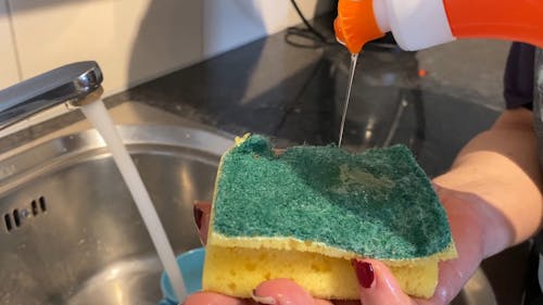 A Shot of a Dishwashing Soap on a Sponge