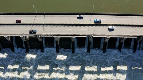 A Drone Video Over a Roadway on the Dam Bridge