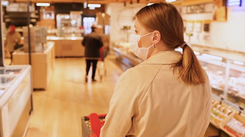 A Woman Shopping At A Supermarket Wearing A Mask
