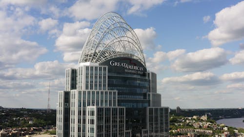 Drone Footage of A Business Name On Top Of Its Building