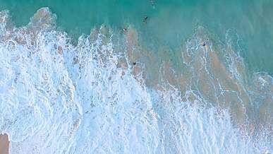 people swimming on the beach with big waves