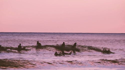 People Swimming On The Beach At Sunset