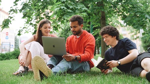 Three People Sitting On Grass Looking At The Laptop