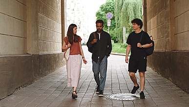 video of people talking while walking
