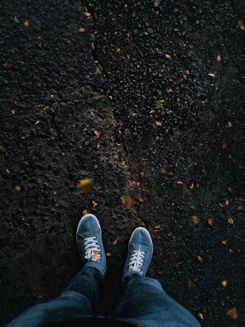 Person Standing On Asphalt Ground With Leaves Falling