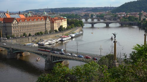 High Angle View of Motor Vehicles Passing on the Bridge