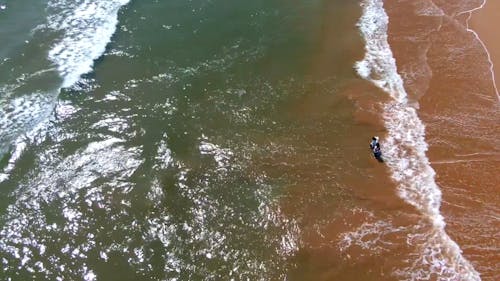 Drone Footage of Two Persons Standing on Beach Shore