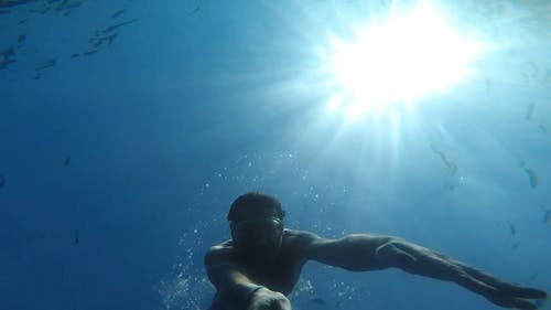 Man Swimming Underwater In Blue Sea Water