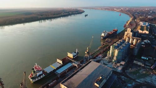 An Industrial Complex  With Harbor Built On The Riverbank