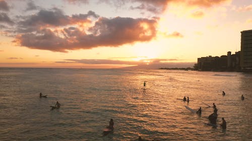 Surfers On The Beach In Hawaii At Sunset