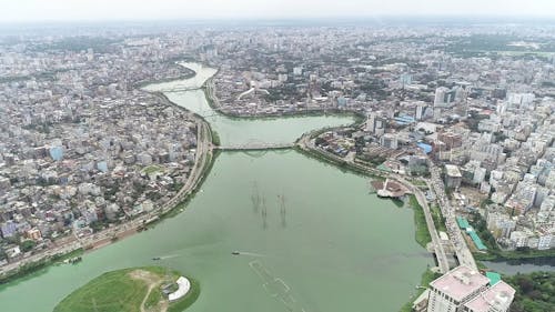 Drone Footage A River In The Metropolitan City