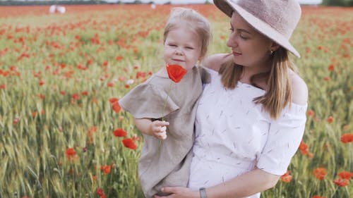 Woman Carrying Her Child While Standing on Red Poppy Flower Field
