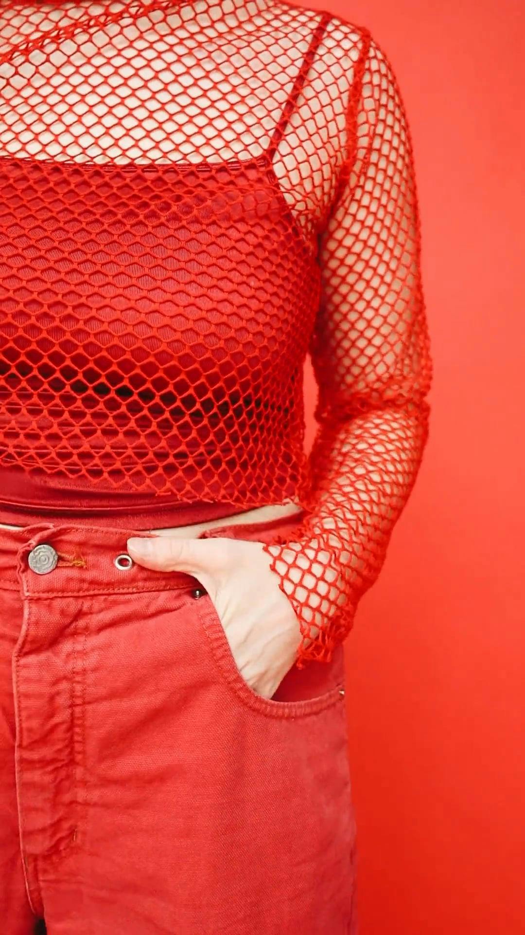 red fishnet crop top