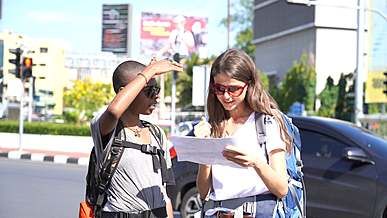 female backpackers in the city