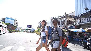 crossing the road through the pedestrian lane