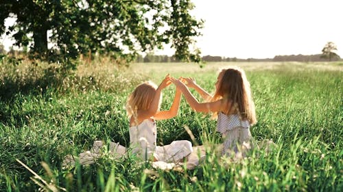 Two Sisters Having Fun Playing on the Grass Field