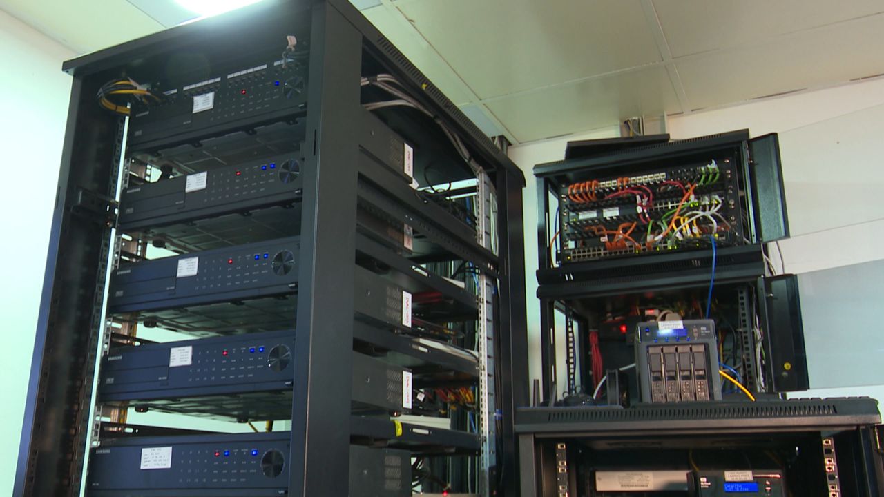 Server racks and networking equipment in a modern data center