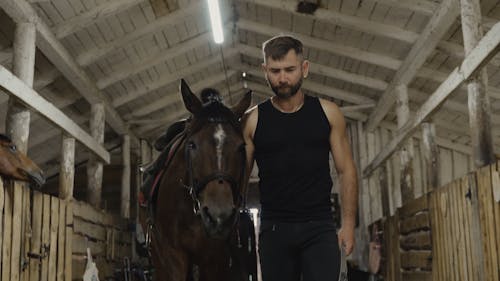 Man and a Horse Walking through Stable