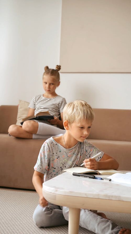 Brother and Sister Studying and Doing Homework