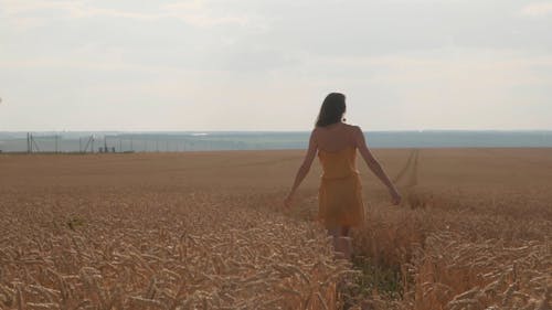 Woman Walking on the Vast Field