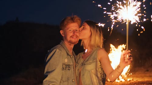 A Couple Holding a Lighted Sparklers