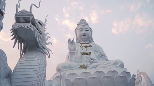 Beautiful Big White Guan Yin Statue and White Dragon