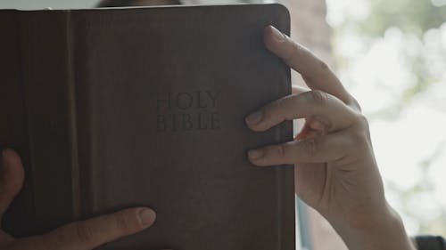 Close-Up View of a Person Reading a Bible