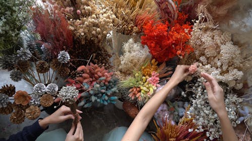 Top View of Female Hands Arranging Flowers Vases