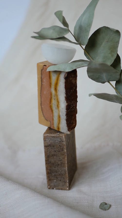Two Organic Soaps and a Eucalyptus Leaves on Top