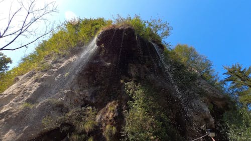 Low Angle View of Waterfalls Against Blue Sky