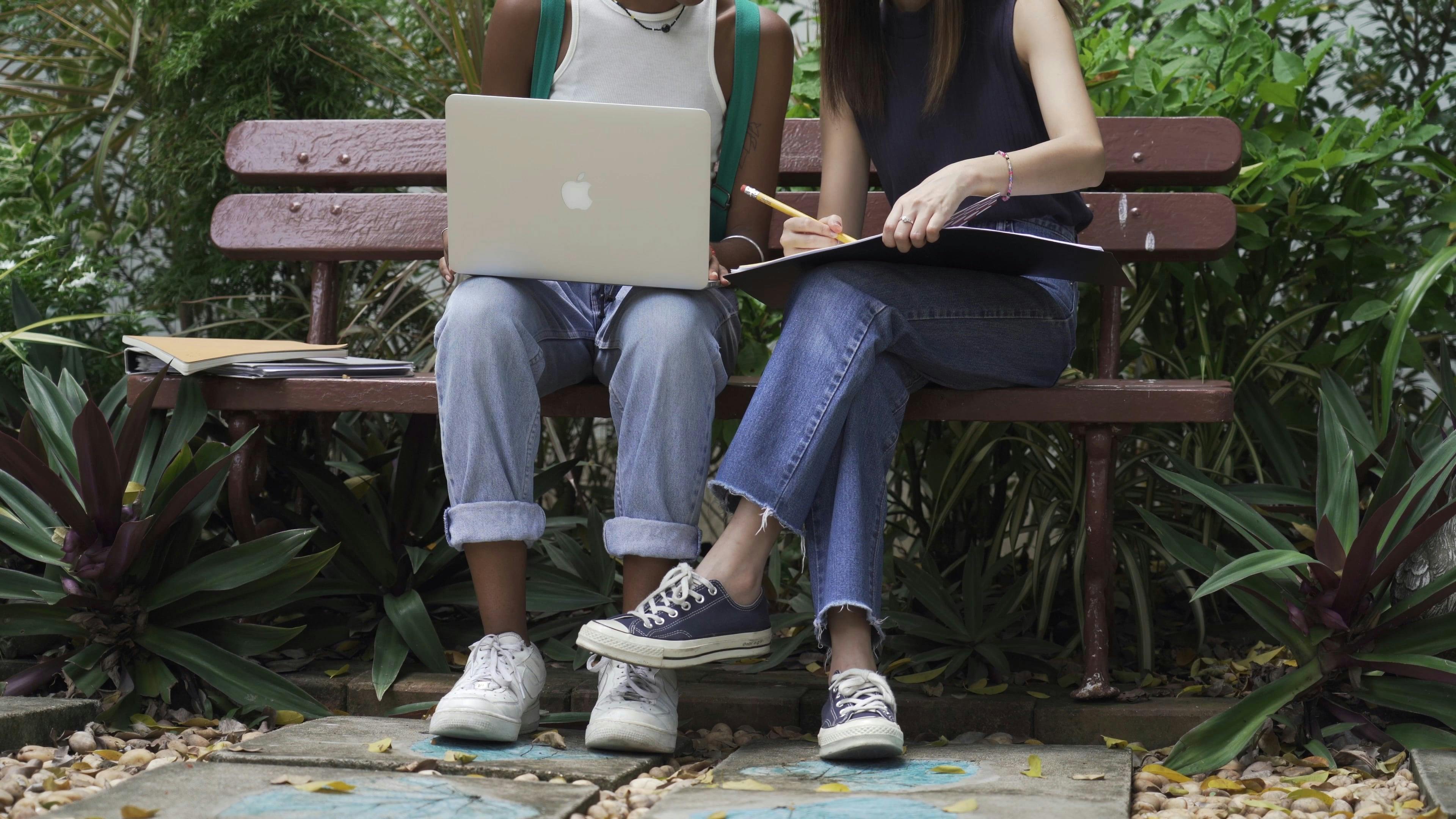 Two Students Sitting on a Bench While Discussing Their Notes · Free Stock Video