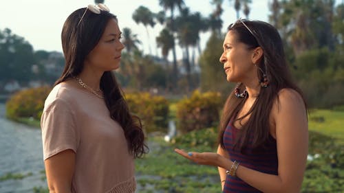 A Woman Talking to her Friend at a Park