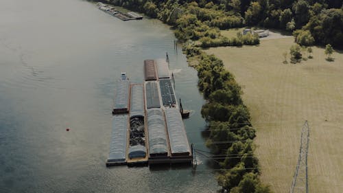 Drone Footage of Barges and a Tugboat