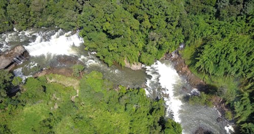 Drone Footage Of A Rapid River With Waterfalls