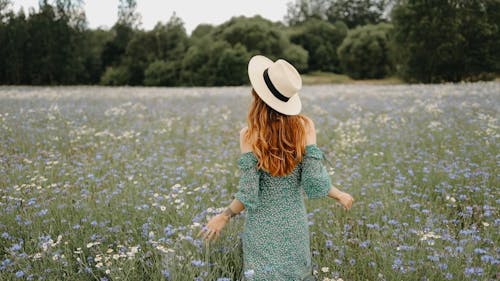 A Woman Walking In The Field Of Flowers